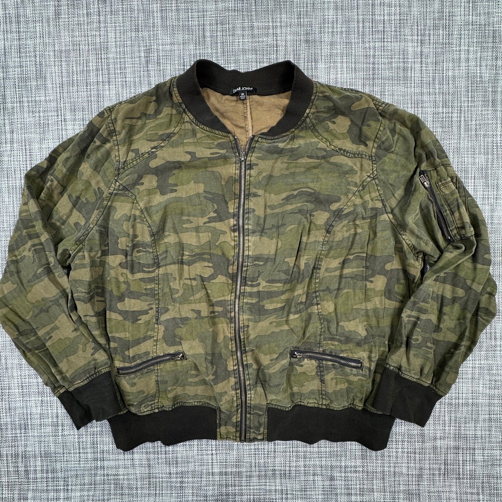 Dear John Bomber Jacket Womens 3X Green Camo Tencel Full Zip Long Sleeve Pockets